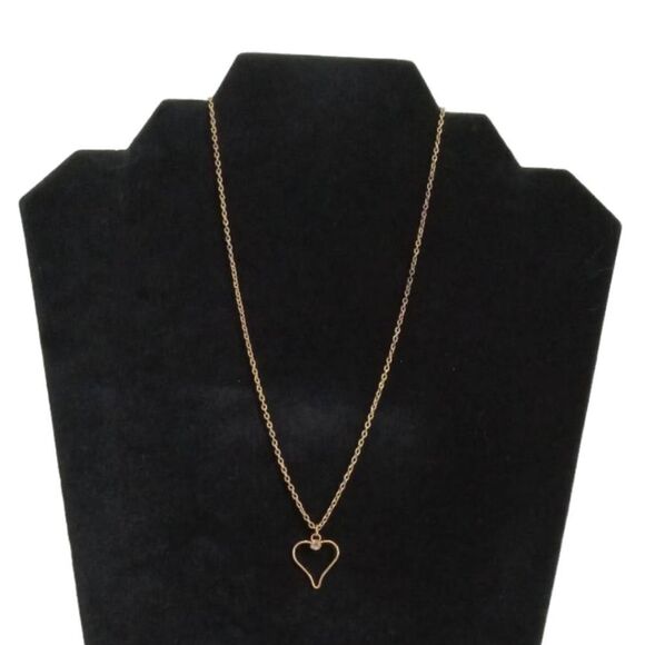 Gold Toned Metal Wire Heart Shaped Pendant Lightweight Single Strand Necklace - Picture 1 of 9